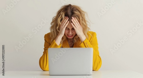 Young woman feeling intense frustration and headache while working at her laptop, indicating stress, emotional distress, and potential burnout from overwhelming workload and job problems