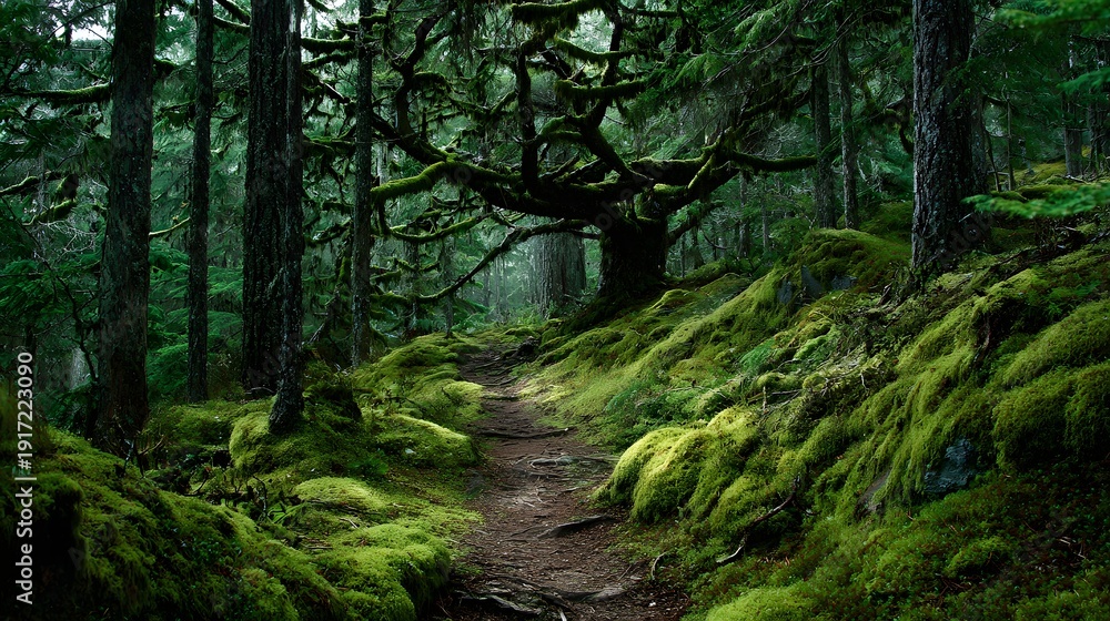 Obraz premium Enchanting Forest Path with Lush Green Moss and Towering Trees.