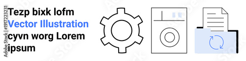 Gear icon, washing machine outline, and document with arrow illustrate automation, settings, workflow, programming, industrial design, synchronization and clean process. Ideal for innovation