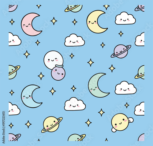 Kawaii Space Seamless Pattern with Cute Moons, Stars, Planets, and Clouds. Pastel Celestial Background for Kids and Nursery Decor.