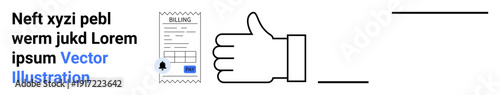 Business approval, digital payments, transaction validation, financial verification, customer satisfaction, fintech illustration. A hand showing a thumbs-up next to a detailed receipt. Business