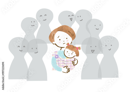 スリングで幼い女の子を抱いた、孤独を感じている母親のイラスト

