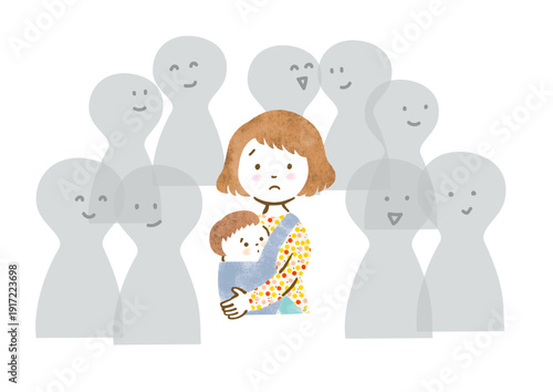 抱っこ紐で幼い男の子を抱いた、孤独を感じている母親のイラスト
