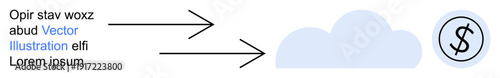 Digital transactions, cloud computing, data storage, online services, financial technology, information transfer. Arrows pointing to a cloud and dollar sign symbol. Financial transactions and cloud