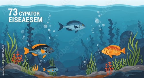 Underwater Scene with Various Fish and Aquatic Plants.