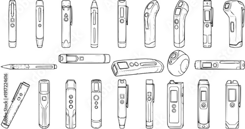 Collection of Handheld Laser Distance Measurers: Black and White Line Art