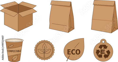 Eco Friendly Sustainable Packaging and Biodegradable Labels Set, Flat Illustration of Kraft Paper Box