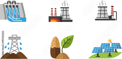 Renewable and Industrial Energy Icon Set with Solar Panels, Hydro Dam, and Nuclear Power Flat Graphic