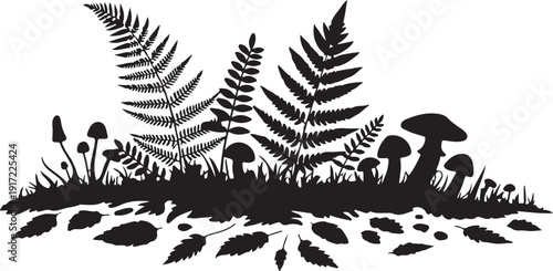 Black and white fern and mushroom forest mushrooms