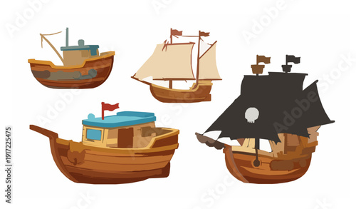 Cartoon wooden ships set with fishing boat sailboat and pirate ship isolated on white background