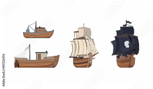 Flat wooden ship collection with fishing boat sailboat and pirate vessel vector illustration