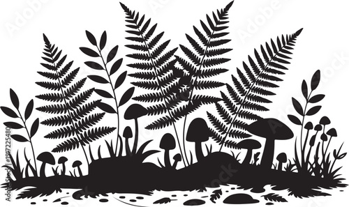 Black and white fern and mushroom forest mushrooms