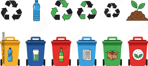 Waste Segregation and Recycling Icon Set with Trash Bins and Symbols Flat Vector Illustration