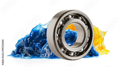 Billede på lærred Grease and ball bearing, Blue premium quality synthetic lithium complex grease, high temperatures and machinery lubrication for automotive and industrial