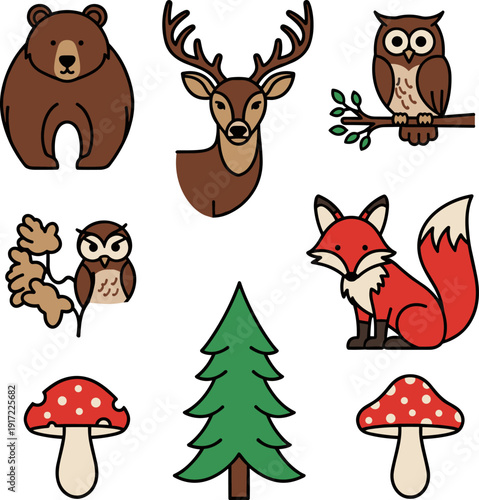 Woodland Forest Animal Sticker Set with Bear, Fox, Deer, Owl, Pine Tree, and Mushrooms in Flat Style