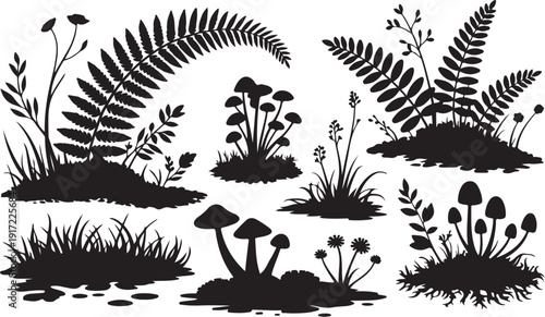 Black and white fern and mushroom silhouettes on white background