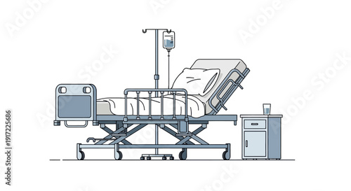 Illustration of a hospital bed with medical equipment and a bedside cabinet in a clinical environment from a straightforward viewpoint