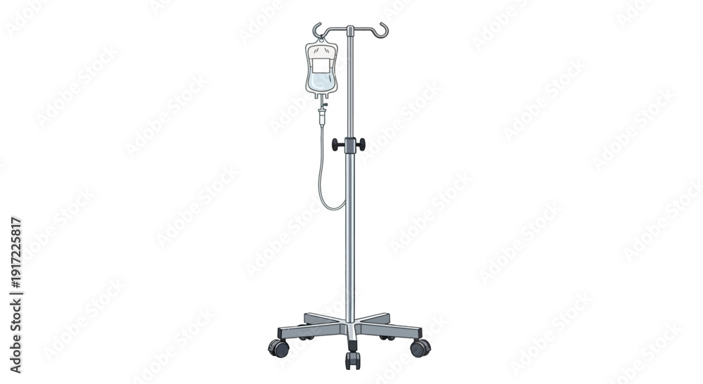 Fototapeta premium Medical equipment stand with IV bag and fluid on a wheeled pole in a healthcare setting