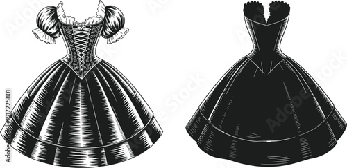 Elegant vintage dress illustration, classic ball gown fashion silhouette isolated showing retro clothing style for apparel design creative projects