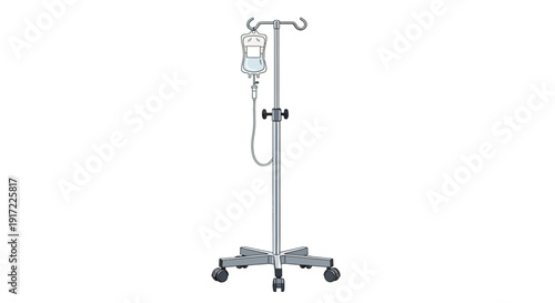 Medical equipment stand with IV bag and fluid on a wheeled pole in a healthcare setting