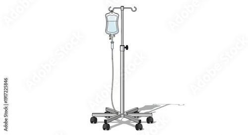 Medical illustration of an IV drip stand with a hanging bag on a wheeled cart viewed from the side