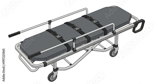 Medical stretcher with gray mattress on wheels, illustration of emergency equipment, viewed from above