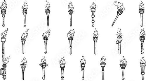 Hand-Drawn Torches Collection with Burning Flames. Doodle Sketch Style Set of Various Ancient, Medieval, and Fantasy Torch Designs in Black and White Outline Illustrations.