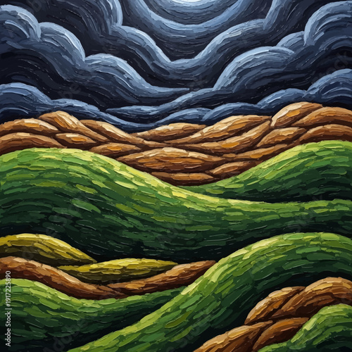 Vibrant Rolling Hills Under Dramatic Cloudy Sky.