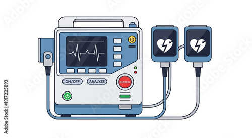 Defibrillator device illustration showing heart rhythm on screen and electrodes on chest in medical emergency