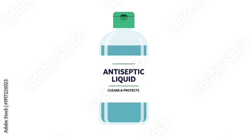 Bottle of antiseptic liquid on a white surface viewed from the front