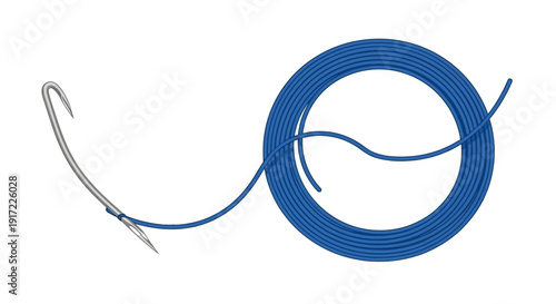 Fishing hook attached to a blue fishing line coiled into a circular shape