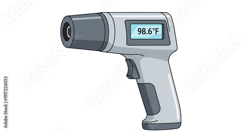 A digital infrared thermometer device displaying temperature reading on screen, handheld for precise measurement, modern technology in medical or industrial use