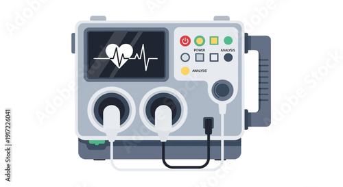Portable Defibrillator with Heartbeat Monitor and Electrodes Ready for Emergency Medical Response