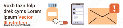 Healthcare access, medication management, telemedicine, digital alerts, online consultation, communication. Includes medicine bottle, pills smartphone checklist and alert envelope. Medication