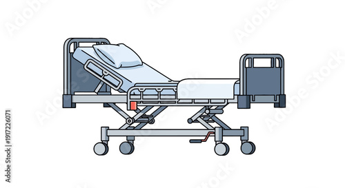 Hospital bed illustration with adjustable height and reclining backrest, featuring safety rails and wheels on a plain background
