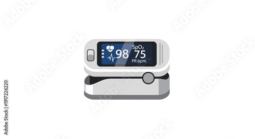 Pulse Oximeter Display Showing Heart Rate and Oxygen Saturation on a White Background from a Front View