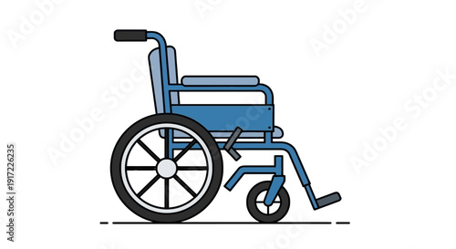 A blue wheelchair with black wheels is viewed from the side in a simple illustration