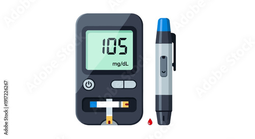 Digital glucometer with lancet device displaying blood glucose level on screen