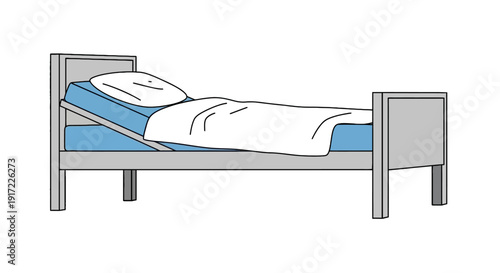 Simple bed with blue mattress and white bedding illustration viewed from the side