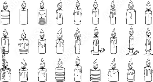 Hand-drawn sketch set of burning candles. Vector outline illustrations of various simple candle designs with dripping wax, isolated.