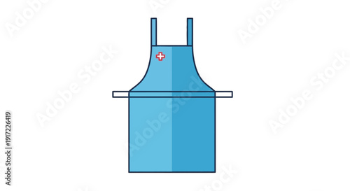 A simple blue apron with a red emblem is illustrated on a clean white space from a front viewpoint.
