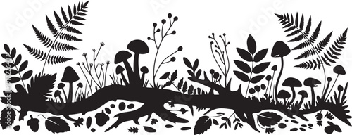 Black and white forest scene with mushrooms and ferns