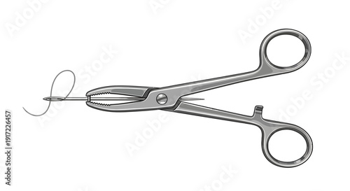 Surgical needle holder with curved needle on white background viewed from straight on