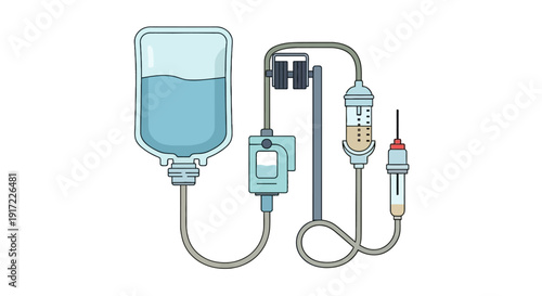 Medical equipment illustration showing intravenous drip system and infusion setup for patient care