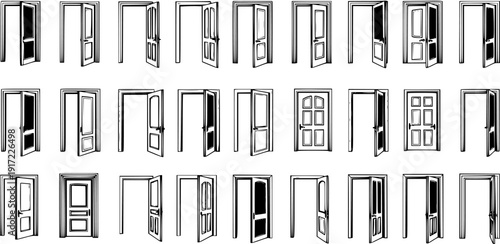 Variety of Hand-Drawn Doors and Frames Vector Collection. Black and white line art set featuring open, closed, and ajar doors in different styles and perspectives.