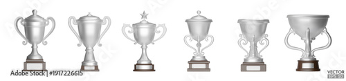 Set of 3d trophy cups silver isoleted on white background. Silver award cups, Winner silver cups. 3D vector illustration.