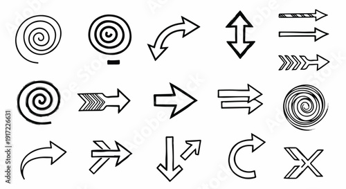 A set of black and white line art icons featuring various arrow designs and symbols on a plain white background.