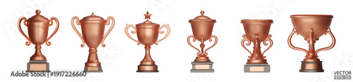Set of 3D bronze trophy cups  isoleted on white background. Copper award cups, Winner copper cups. 3D vector illustration.