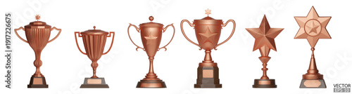Set of 3D bronze trophy cups  isoleted on white background. Copper award cups, Winner copper cups. 3D vector illustration.