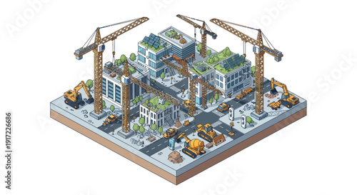 Isometric Construction Site with Cranes and Buildings.